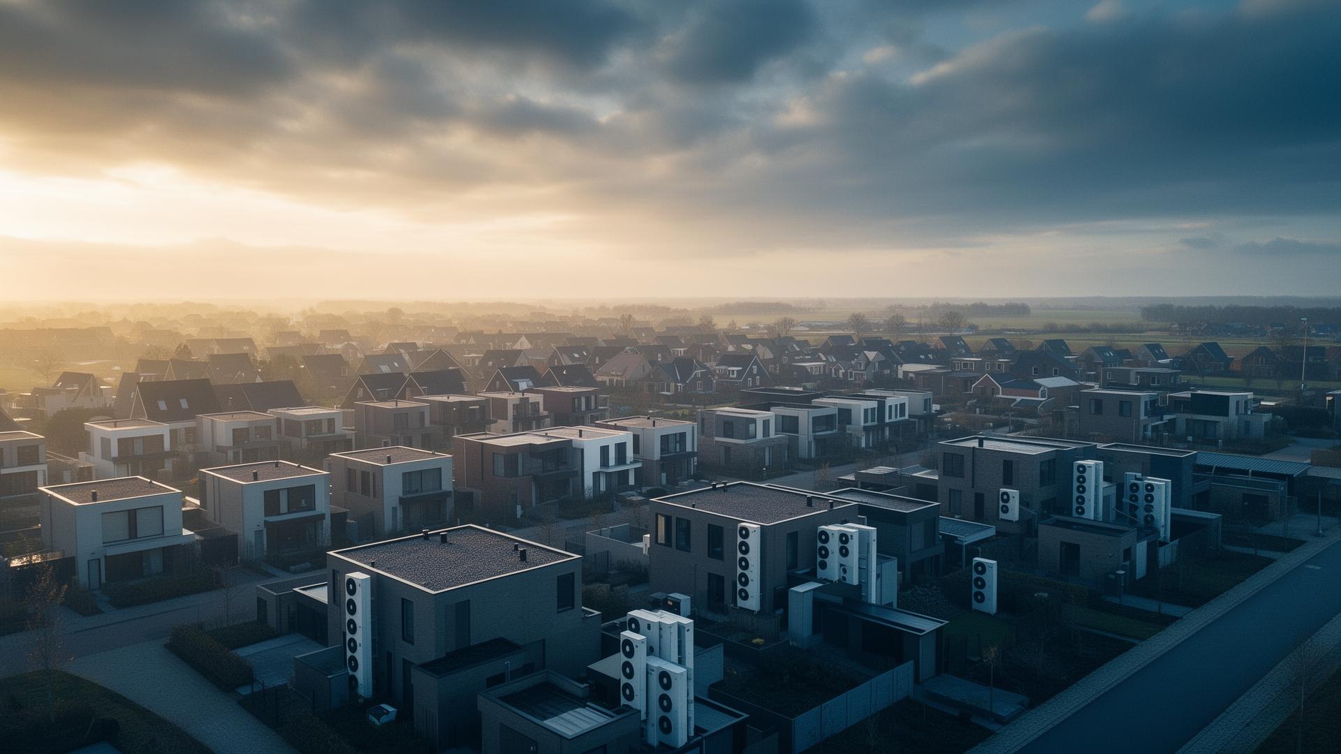 Nederlandse wijk met warmtepompen bij gouden uur